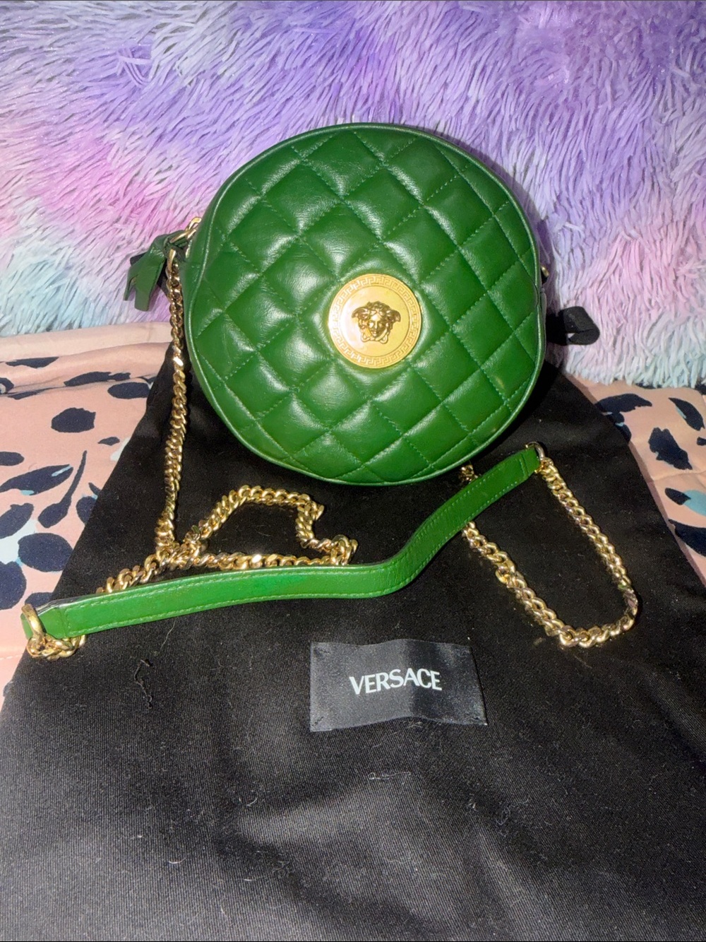 Versace Green Quilted Round Leather Crossbody with Gold Medallion